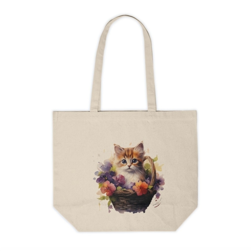 Floral Cat in a Basket Custom Canvas Tote Bag